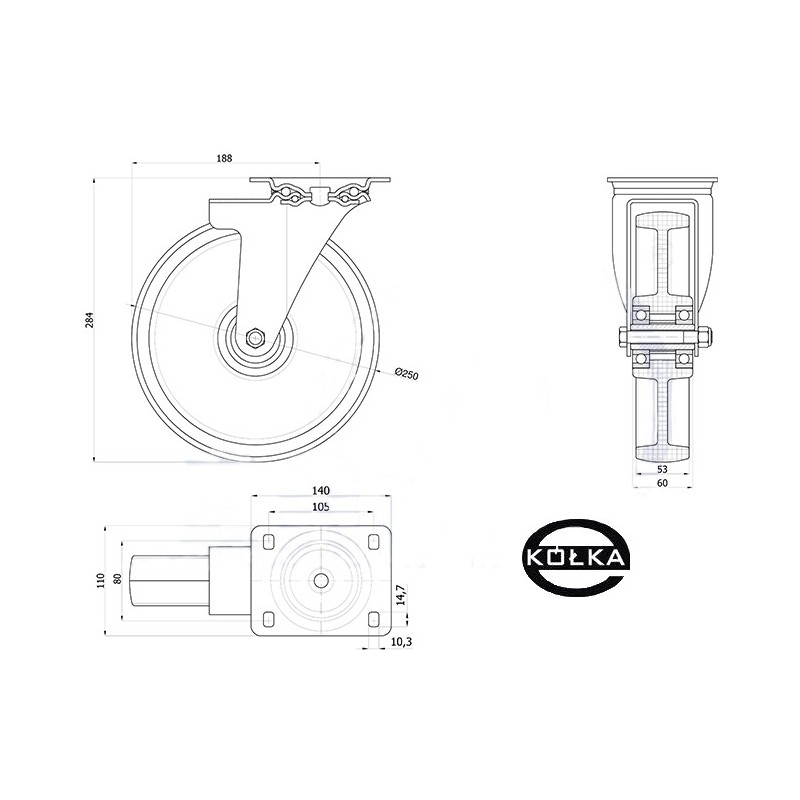 Koło fi. 250 mm w obudowie skrętnej / 92BN