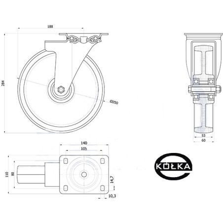 Koło fi. 250 mm w obudowie skrętnej / 92BN