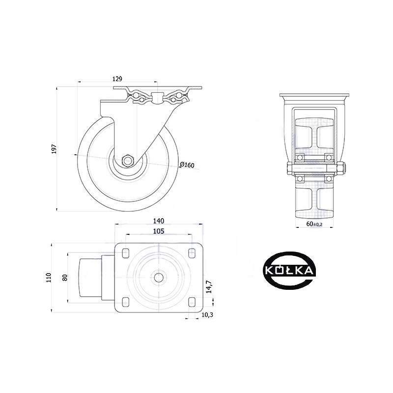 Koło fi. 160 mm w obudowie skrętnej / 42BNW