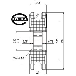 Rolka fi. 90mm tworzywowa profilowana ułożyskowana  C90/12Ł