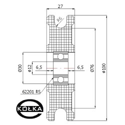 Rolka fi. 100mm tworzywowa profilowana ułożyskowana  C100/12Ł