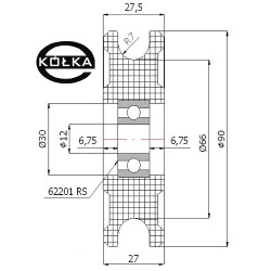 Rolka fi. 90mm tworzywowa profilowana ułożyskowana   C90/14Ł