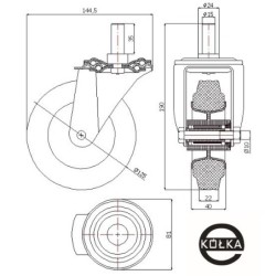 Koło fi. 125 mm tworzywowo-gumowe w obudowie skrętnej z bolcem 15 / 24MT*15