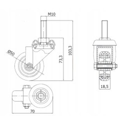 M54T*M10 : Koło fi. 50 mm meblowe w obud. Skrętnej z trzpieniem M10, tworzywo-guma, N: 40kg / M54T*M10