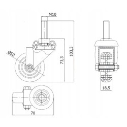 Koło fi. 50 mm skrętne, trzpień M10 N: 40kg / M54T*M10