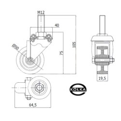 M54B*M12 : Koło fi. 50 mm meblowe w obud. Skrętnej z trzpieniem M12, tworzywowe, N: 40kg / M54B*M12