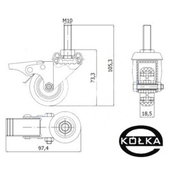 Koło fi. 50 mm skrętne z hamulcem, trzpień M12 N: 40kg / M54TH*M12