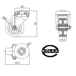 M57B : Koło fi. 50 mm meblowe w obud. Skrętnej z otworem, tworzywowe, N: 40kg / M57B