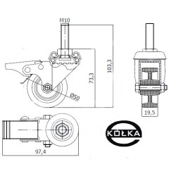 M54BH*M10 : Koło fi. 50 mm meblowe w obud. Skrętnej z trzpieniem M10 i hamul, tworzywowe, N: 40kg / M54BH*M10