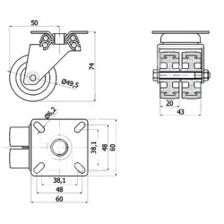 M52T2 : Koło fi. 50 mm meblowe w obud. Skrętnej, tworzywo-guma, TANDEM, N:70kg / M52T2