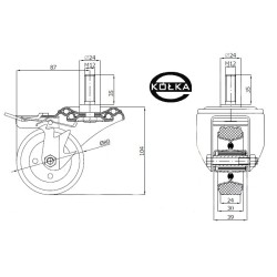 7H*M12 : Koło fi. 80 mm metalowo-gumowe w obudowie skrętnej z trzpieniem M12 i hamulcem / 7H*M12