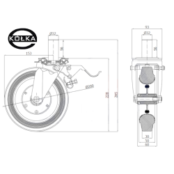 66H*32 : Koło fi. 200 mm metalowo-gumowe w obudowie skrętnej z bolcem 32 i hamulcem / 66H*32