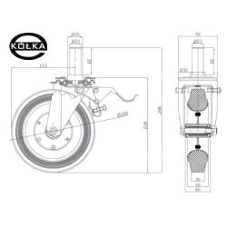 66H*27 : Koło fi. 200 mm metalowo-gumowe w obudowie skrętnej z bolcem 27 i hamulcem / 66H*27