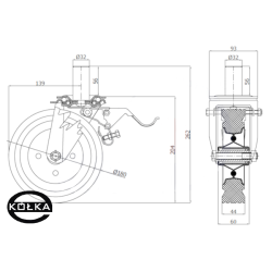 56H*32 : Koło fi. 180 mm metalowo-gumowe w obudowie skrętnej z bolcem 32 i hamulcem / 56H*32