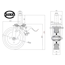 56H*28 : Koło fi. 180 mm metalowo-gumowe w obudowie skrętnej z bolcem 28 i hamulcem / 56H*28