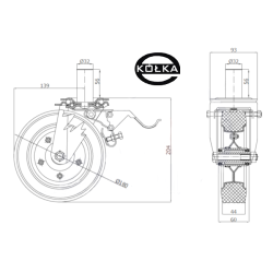 56NH*32 : Koło fi. 180 mm metalowo-gumowe w obudowie skrętnej z bolcem 32 i hamulcem / 56NH*32
