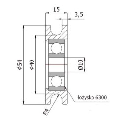 Rolka metalowa fi. 54 mm na linkę 6mm / CM54/6Ł