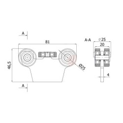 Wózek 5-rolkowy z płaskownikiem, 4 rolki metalowe, do profilu 30x30x2 / G-5M-30