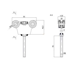 Wózek 5-rolkowy z płaskownikiem, gwint M8, 5 rolek metalowych, do profilu 30x30x2 / G-5MM-30/M8