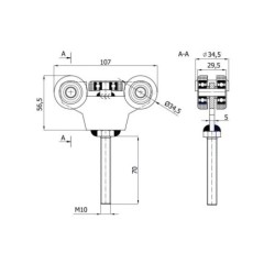 Wózek 5-rolkowy z płaskownikiem i śrubą M10x70, do profilu 40x40x2, 5 rolek metalowych / G-5MM-40/M10