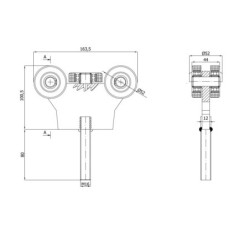 Wózek 5-rolkowy z płaskownikiem i śrubą M16x80, do profilu 60x60x3, 5 rolek metalowych / G-5MM-60/M16