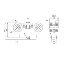 Wózek 5-rolkowy z płaskownikiem, do profilu 60x60x4, 4 rolki metalowe, 1 tworzywowa / WG-5M-60/4