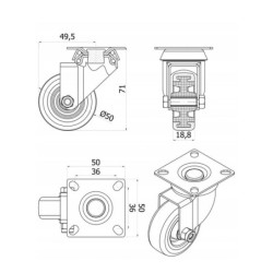 Koło fi. 50 mm, meblowe, tworzywo-poliuretan, obud. skrętna / M52TPU