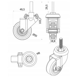 Koło fi. 50 mm, meblowe tworzywo-poliuretan, obud. skrętna, trzpień M8 / M54TPU*M8