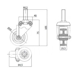 Koło fi. 50 mm skrętne, trzpień M10 N: 40kg / M54B*M10