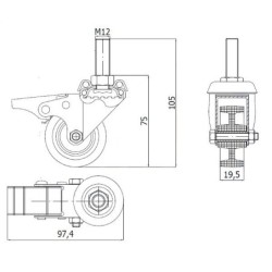 Koło fi. 50 mm skrętne z hamulcem, trzpień M12 N: 40kg / M54BH*M12