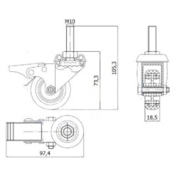 Koło fi. 50 mm skrętne z hamulcem, trzpień M10 N: 40kg / M54TH*M10