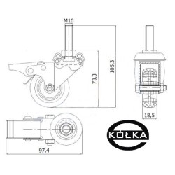 Koło fi. 50 mm skrętne z hamulcem, trzpień M10 N: 40kg / M54TH*M10