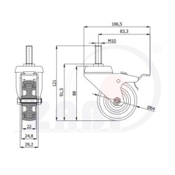 Koło fi. 60 mm skrętne z hamulcem, trzpień M8 N: 40kg / M64TH*M10