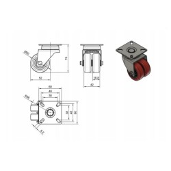 Koło fi. 50 mm meblowe w obud. Skrętnej, tworzywo-poliuretan, N: 70kg, TANDEM / M52TPU2