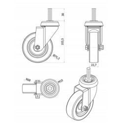 Koło fi. 75mm, meblowe, tworzywo-poliuretan, obud. skrętna, trzpień M10 / M74TPU*M10