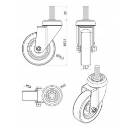 Koło fi. 75mm, meblowe, tworzywo-poliuretan, obud. skrętna, trzpień M12 / M74TPU*M12