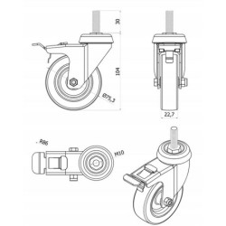 Koło fi. 75mm, meblowe, tworzywo-poliuretan, obud. skrętna z hamulcem, trzpień M12 /M74TPUH*M12