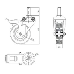 Koło fi. 75 mm skrętne z hamulcem, trzpień M12 N: 70kg, łoż.kulk / M74TŁH*M12