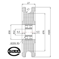Rolka fi. 100mm 12Ł tworzywowa profilowana z łożyskiem / C100/12Ł