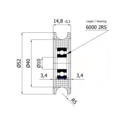 Rolka fi. 52mm 10Ł tworzywowa profilowana z łożyskiem / C52/10Ł
