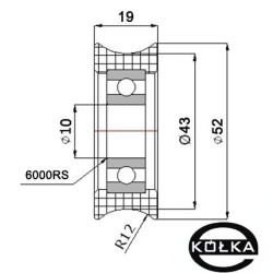 Rolka fi. 52mm 24Ł tworzywowa profilowana z łożyskiem / C52/24Ł