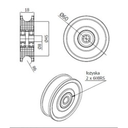 Rolka fi. 60mm 12Ł tworzywowa profilowana z łożyskiem / C60/18/12Ł/8