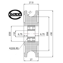Rolka fi. 90mm  16Ł tworzywowa profilowana z łożyskiem / C90/16Ł