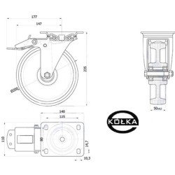 Koło fi. 200 mm tworzywowe, obudowa skrętna z ham, N: 400kg / 65BNWH