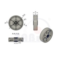 Koło fi. 122 mm tworzywowe , otwór 10mm, N: 150kg / / 122BN/10