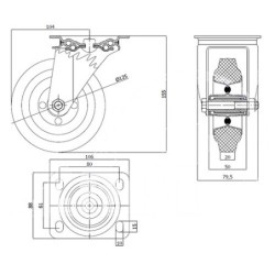 Koło fi. 125 mm metalowo-gumowe , skrętne N: 80kg / 22M