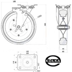Koło fi. 250 mm metalowo-gumowe , skrętne N: 220kg szare /92ŁS