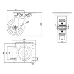 Koło fi. 80 mm metalowo-gumowe , skrętne N: 60kg / 3L