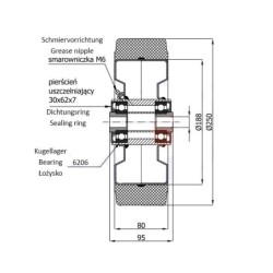 Koło fi. 250mm N: 650kg, otwór 30mm, do zamiatarki, pługa ze smarowniczką / 90MPD/30