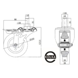 16H*M10 : Koło fi. 100 mm metalowo-gumowe w obudowie skrętnej, z trzpieniem M10x35 i hamulcem./ 16H*15